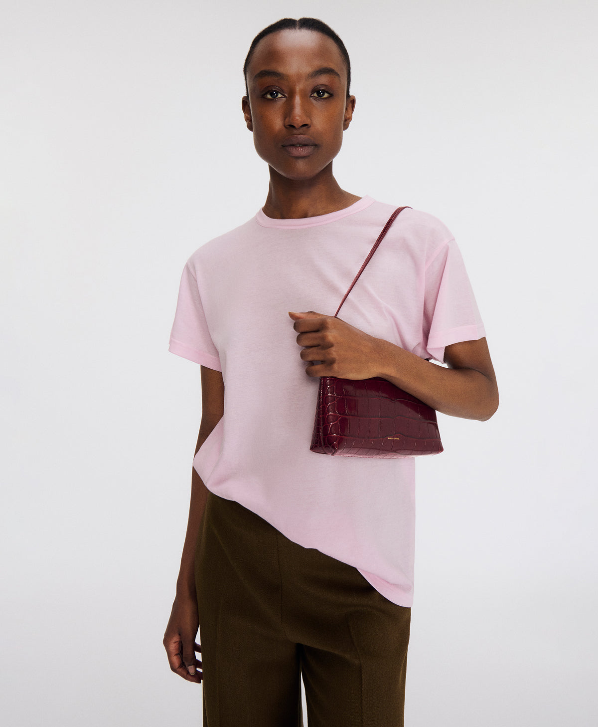Gaia Shoulder Bag - Oxblood Croc on model