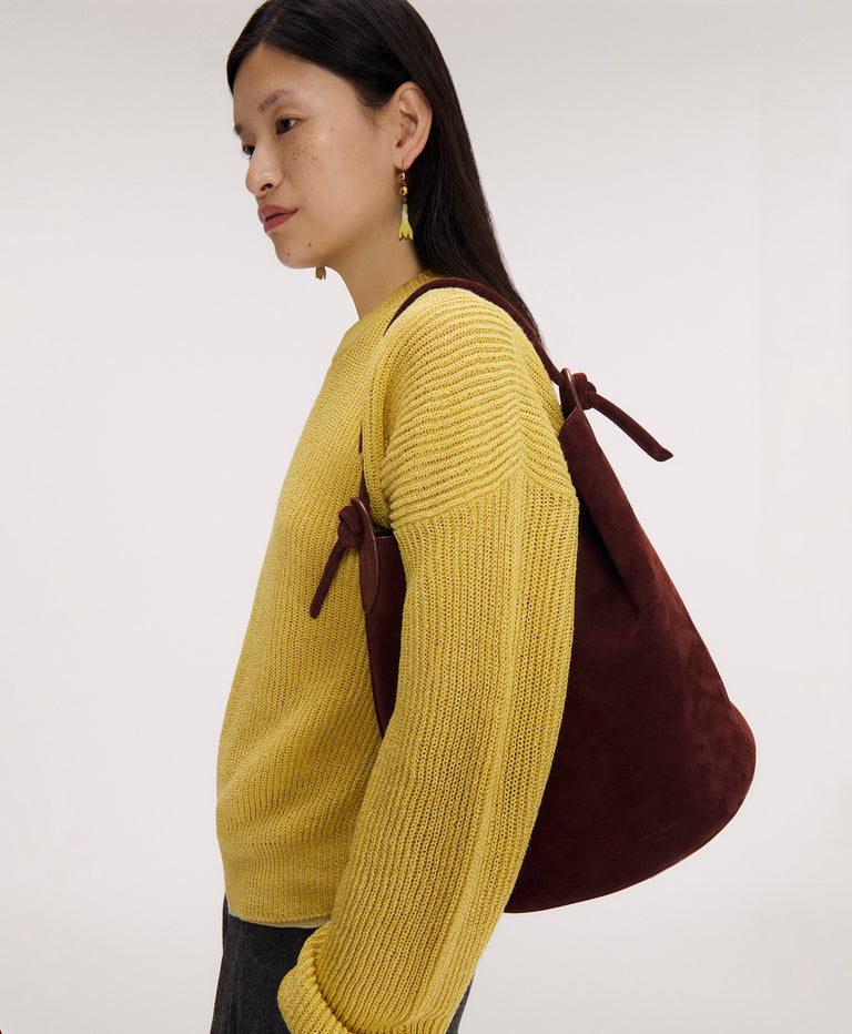 Fortuna Bucket - chocolate suede on model 