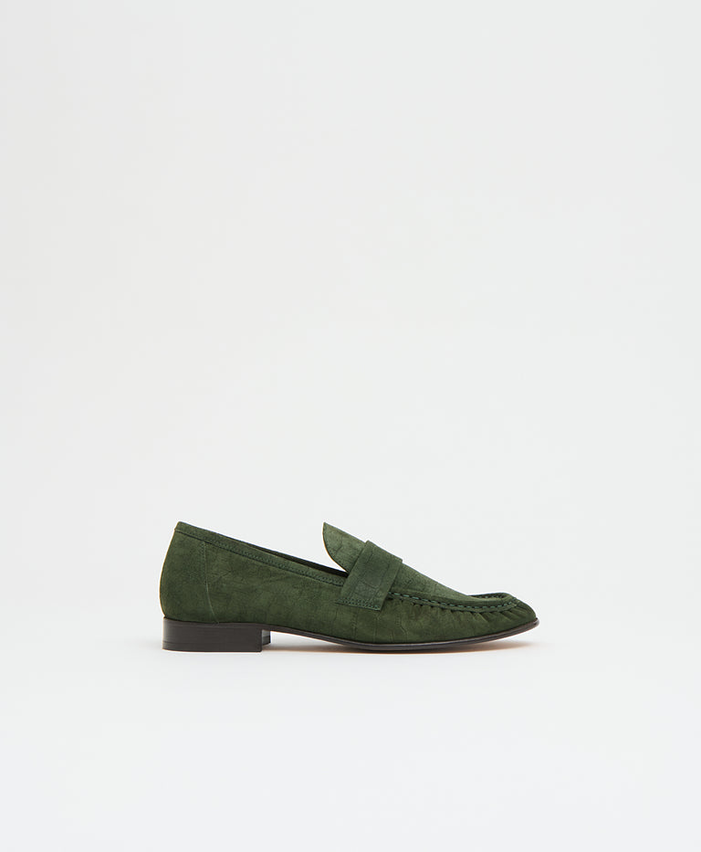 Ruched Loafer - Moss Croc Suede