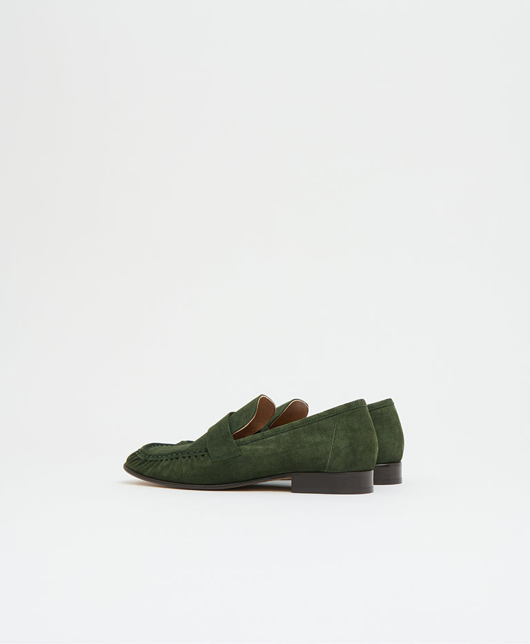 Ruched Loafer - Moss Croc Suede