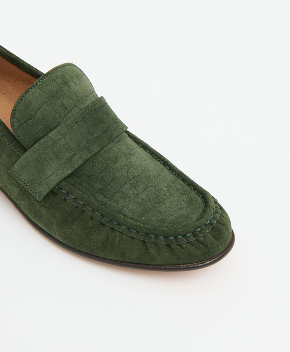 Ruched Loafer - Moss Croc Suede