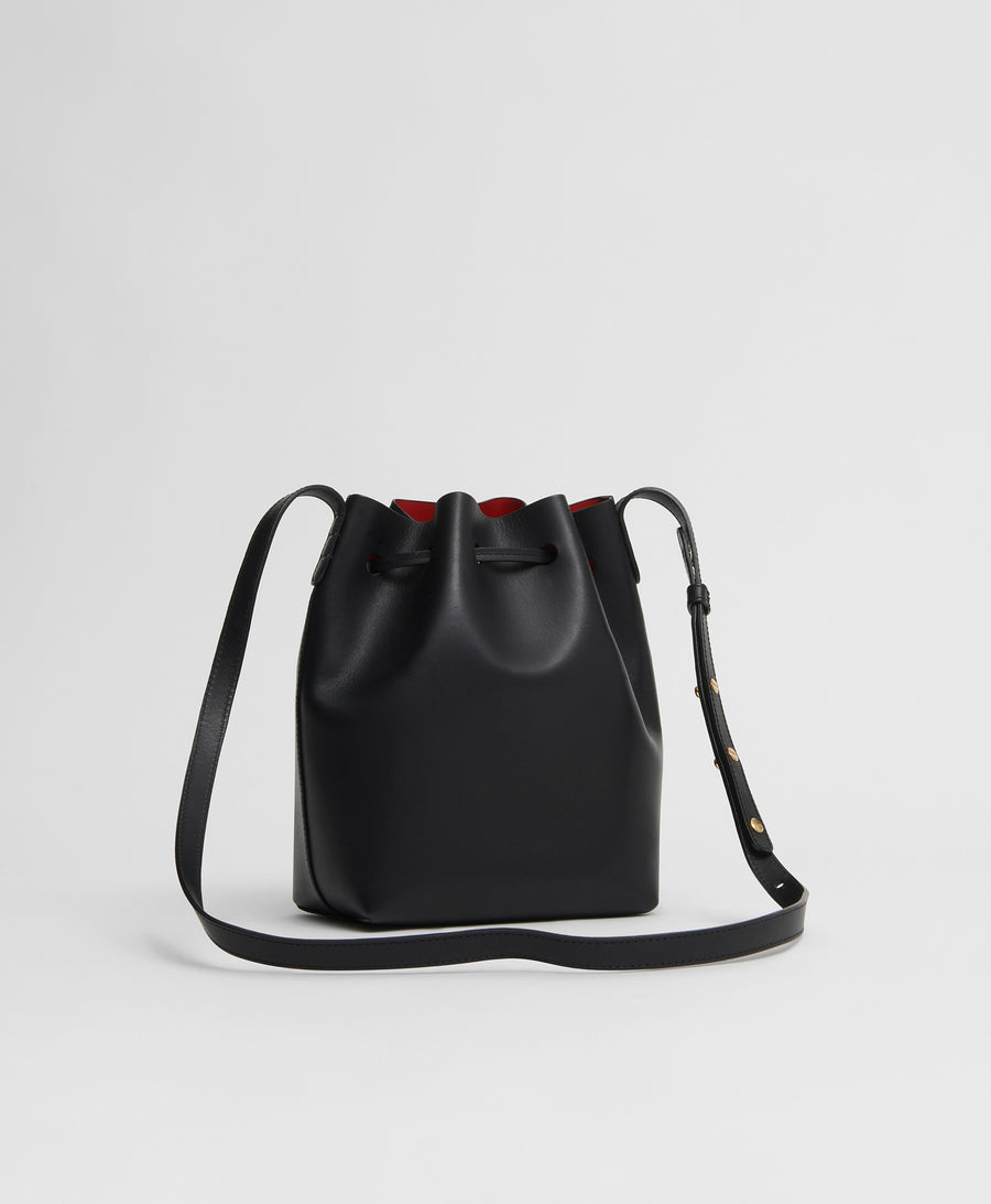 Black Soft Leather Bucket Bag with Crossbody Chain Purse