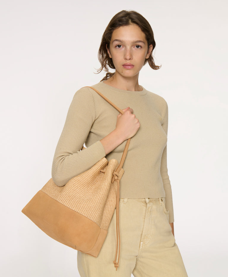Drawstring Cabas - Natural Raffia/Budino Suede