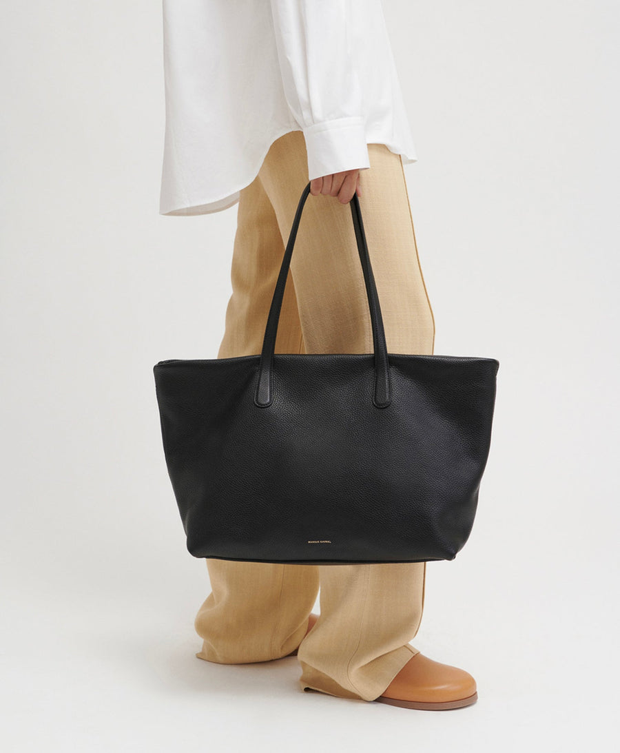 Black Leather Crossbody Tote with Black Handles